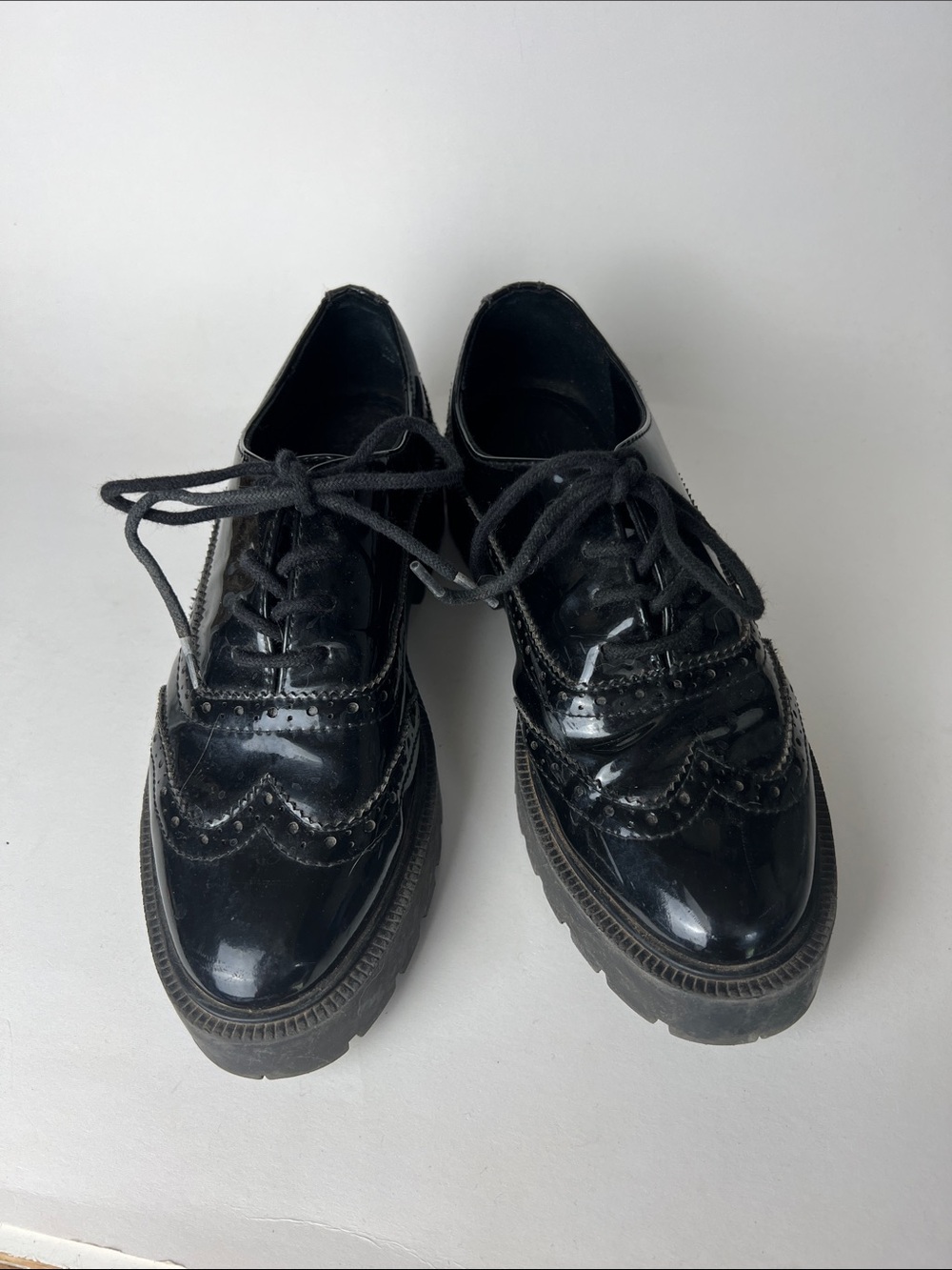 H&M Black Patent Leather Brogue Lug Sole Oxfords